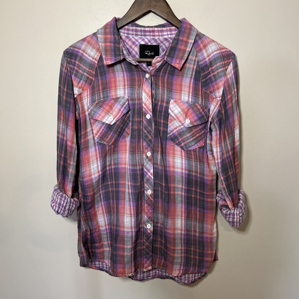 Rails Women's Plaid Button‎ Up Shirt Pink Purple Gingham Lining Large